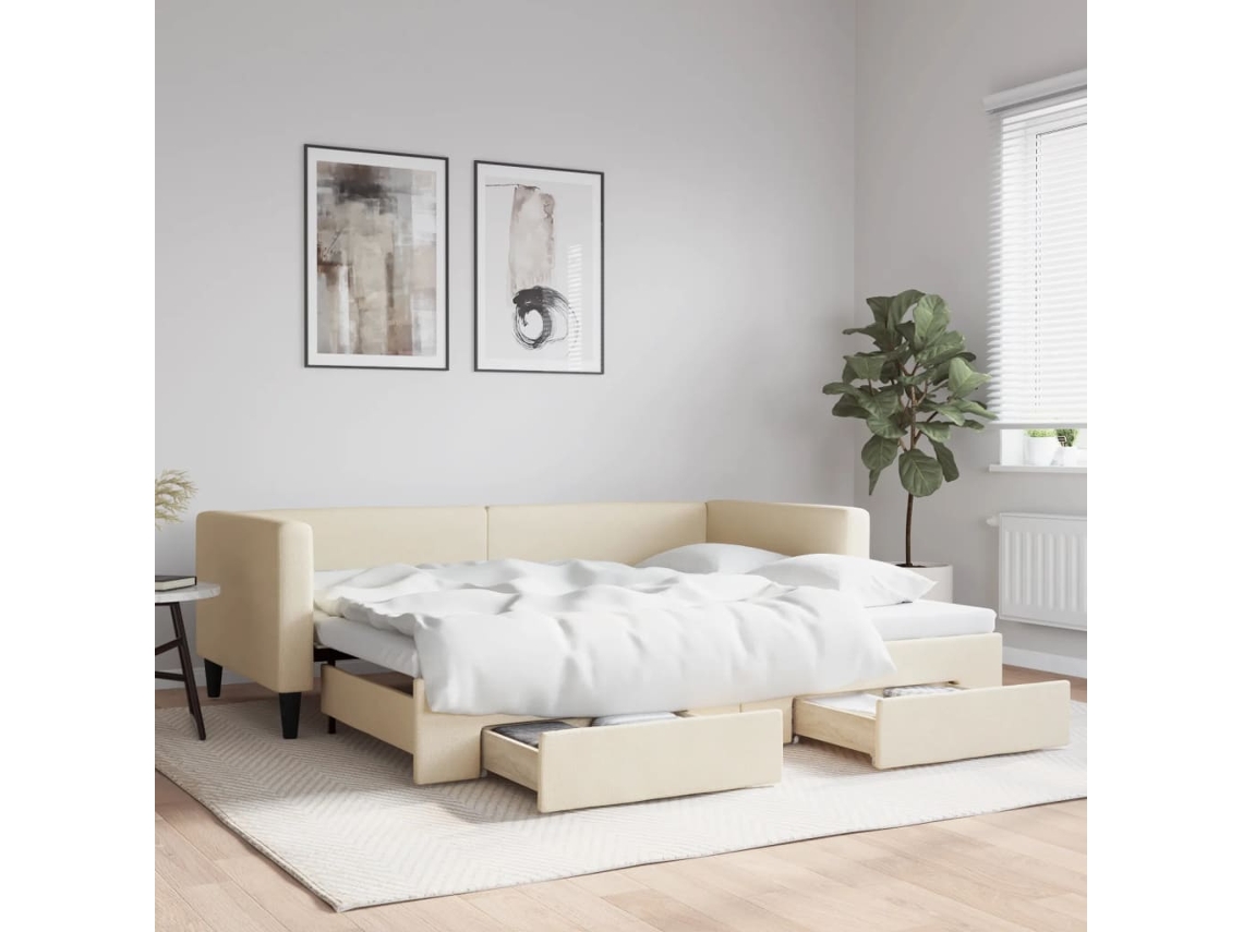Sofá cama con cajones y tela crema de 90x200 cm