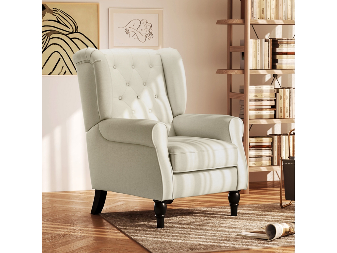 Poltrona para Sala com Pés em Madeira, Modelo Moderno, Assento Individual (74x86x102 cm) na Cor Creme