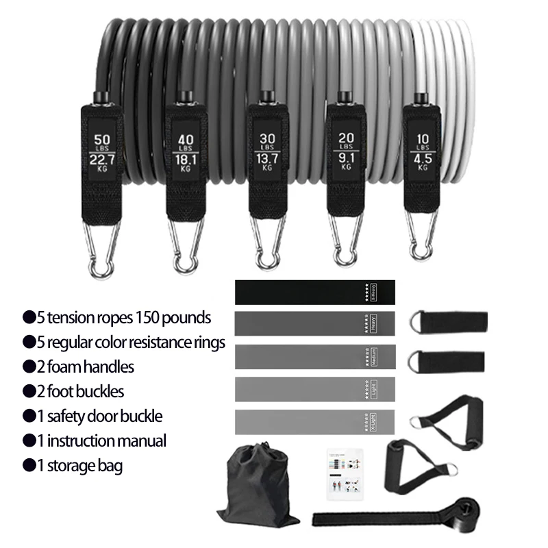 Conjunto De Faixas Elásticas De Resistência Para Fitness (17 Peças, Cinza, 150 Lb), Cabos Para Pilates E Ioga