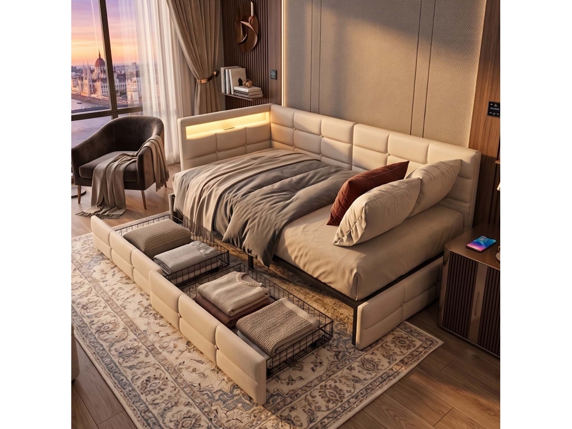 Lazyspace Cama Estofada Em Linho 90x200 Cm Com Iluminação Led, Tomada Usb, Gavetas E Arrumação - Bege