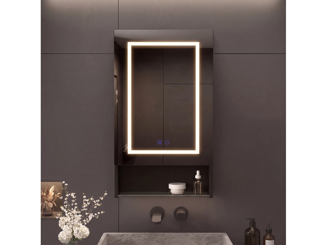 Armário Espelho Casa De Banho 50x16x88 Cm, 1 Porta, Led 3 Cores, Antiembaciamento, Prateleira Inferior E Ajustável, Preto