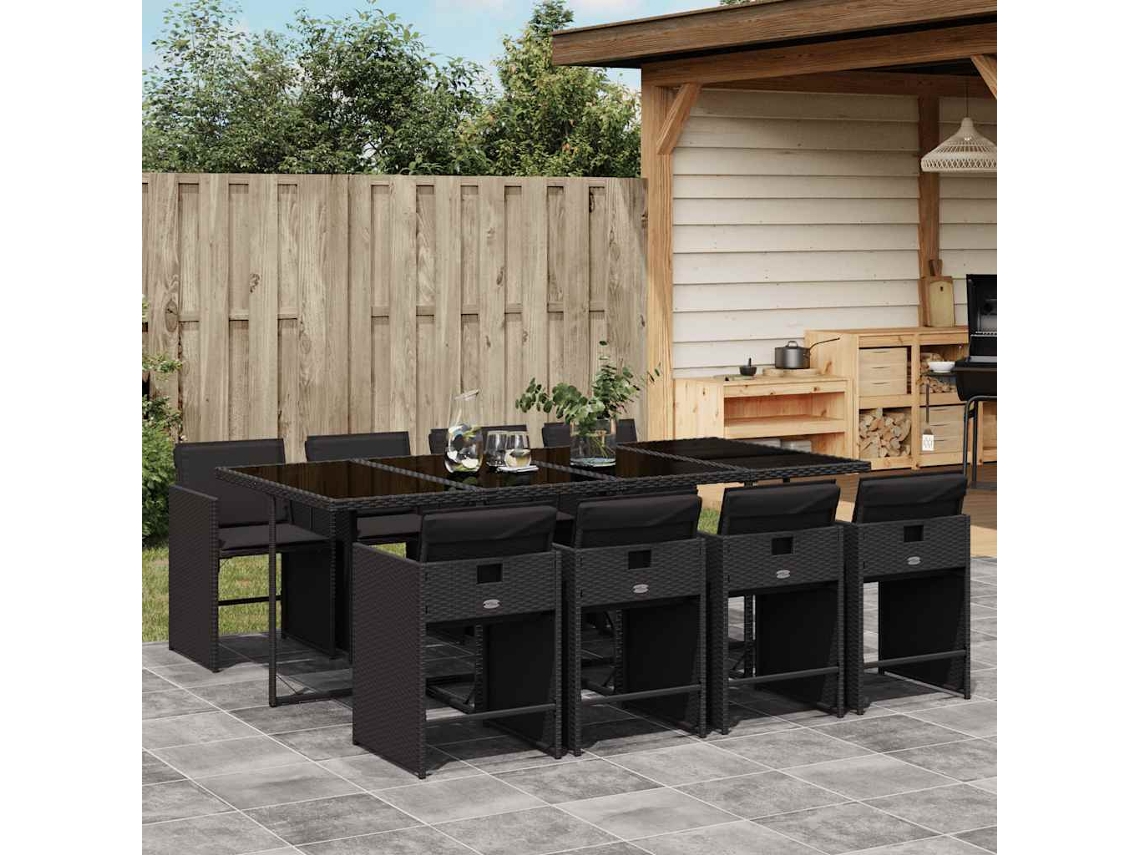 Vidaxl 9 Pcs Conjunto De Jantar P/ Jardim C/ Almofadões Vime Pe Preto