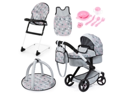 Carrinho de bebê Xeo Dolls, cadeira alta, saco de dormir cinza com acessórios 17007ab Bayer