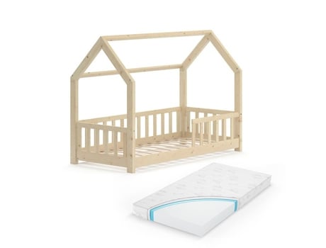 Cama cabine Wiki, 80x160 cm com colchão, Madeira natural, VITALISPA