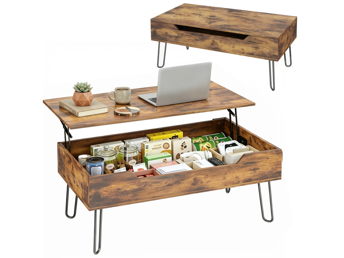 Mesa De Centro Com Tampo Elevável, Compartimento Oculto, Pés De Aço, 95x50x40 Cm, Marrom Rústico