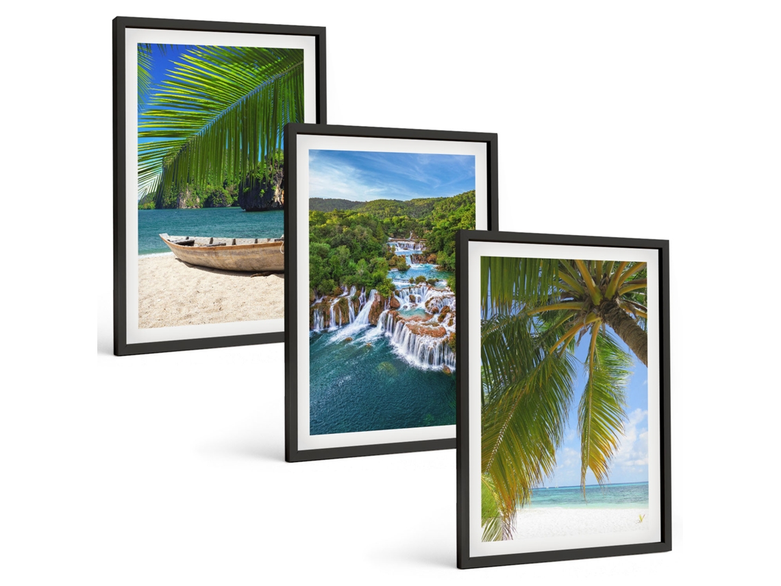 Conjunto De Pinturas Praia, Barco, Cachoeiras, Palmeiras Espelharte (3 Peças 40x60 Cm)