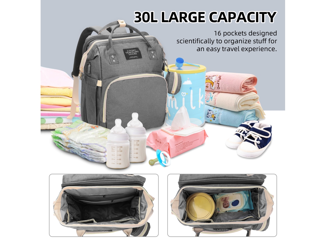 Bolsa Mami Multifuncional Com Berço Plegável Capacidade Grande Moda Atualizada Cinza Fábrica 1,2,3