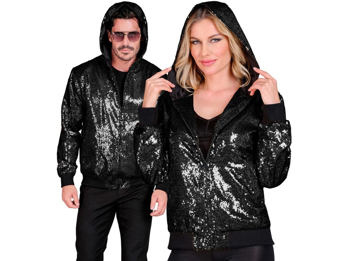 Bomber Moda preto com capuz e lantejoulas para adulto