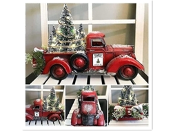 Centro De Mesa De Natal Com Caminhão Vermelho Rustico E Árvores De Natal Iluminadas