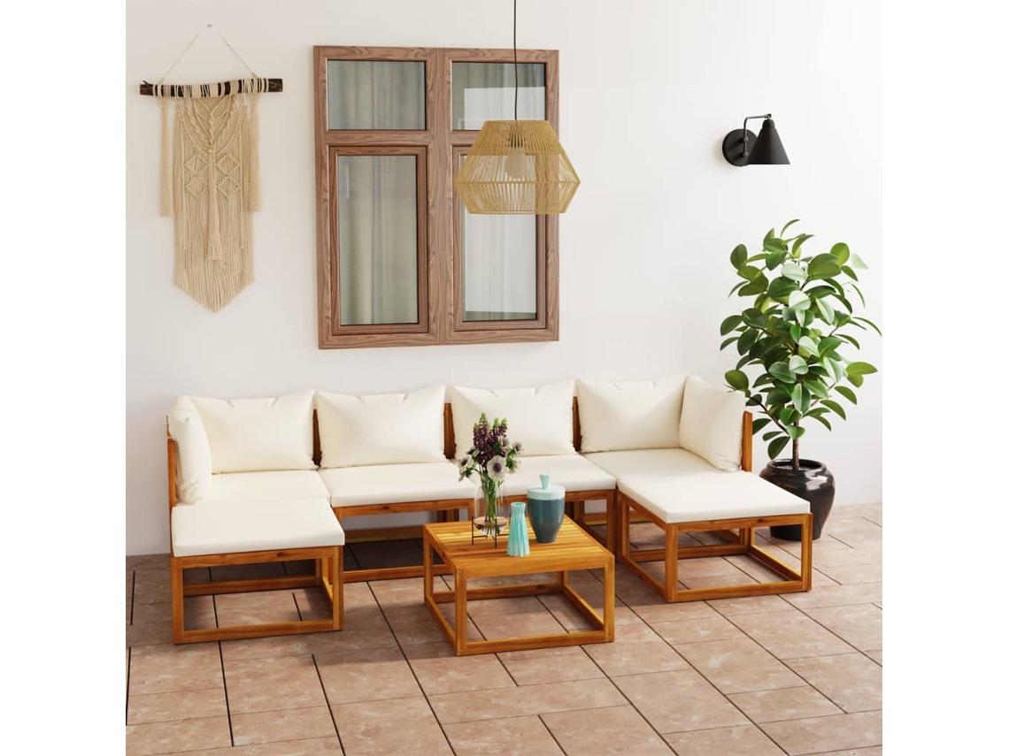 Vidaxl 7 Pcs Conjunto Lounge Jardim C/ Almofadões Acácia Maciça Creme