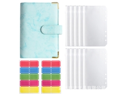A6 Refillable Leather Pu Marble Pattern Budget Journal Notebook Green Cover With 10-zipper Pockets And 2-sheets Of