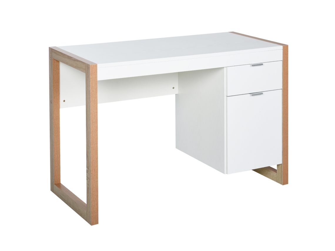 Mesa De Computador Com Gaveta Armário Pés Em Forma Retangular112,5x50x75,5 Cm Branco E Madeira