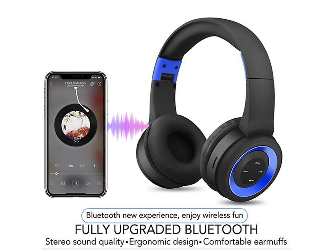Auscultadores Bluetooth Noise Reduction Folding Adjustable Subwoofer Sports blue Black