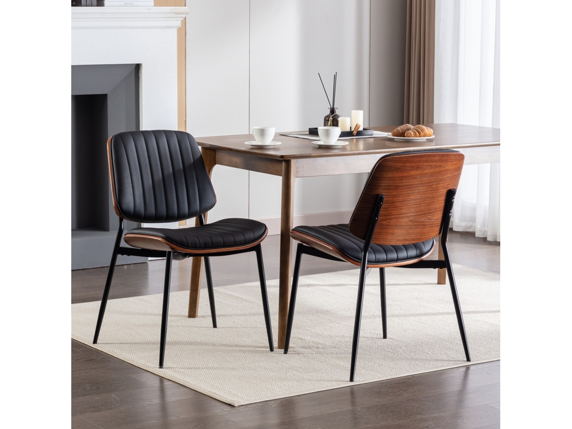 2 Sillas Comedor Pu Negro Mid Century Madera Curvada