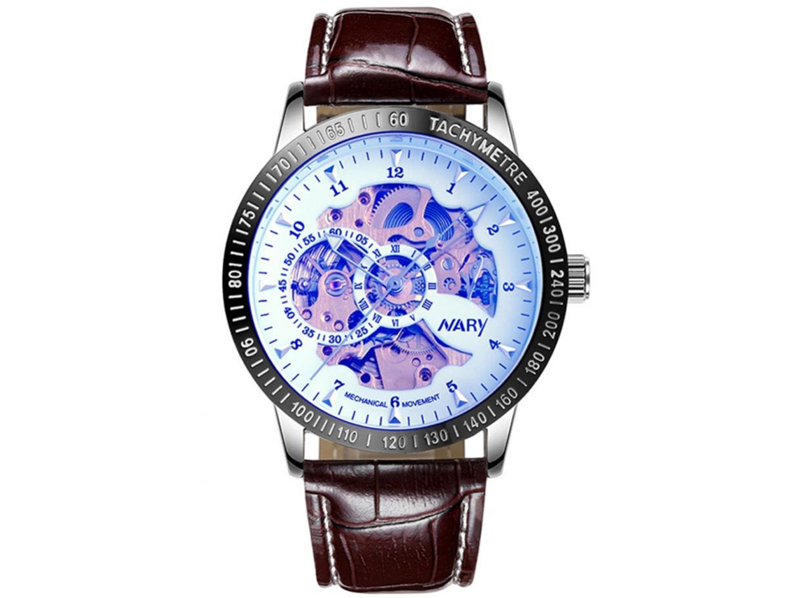 Relógio mecânico analógico masculino com pulseira de couro marrom, azul e branca.