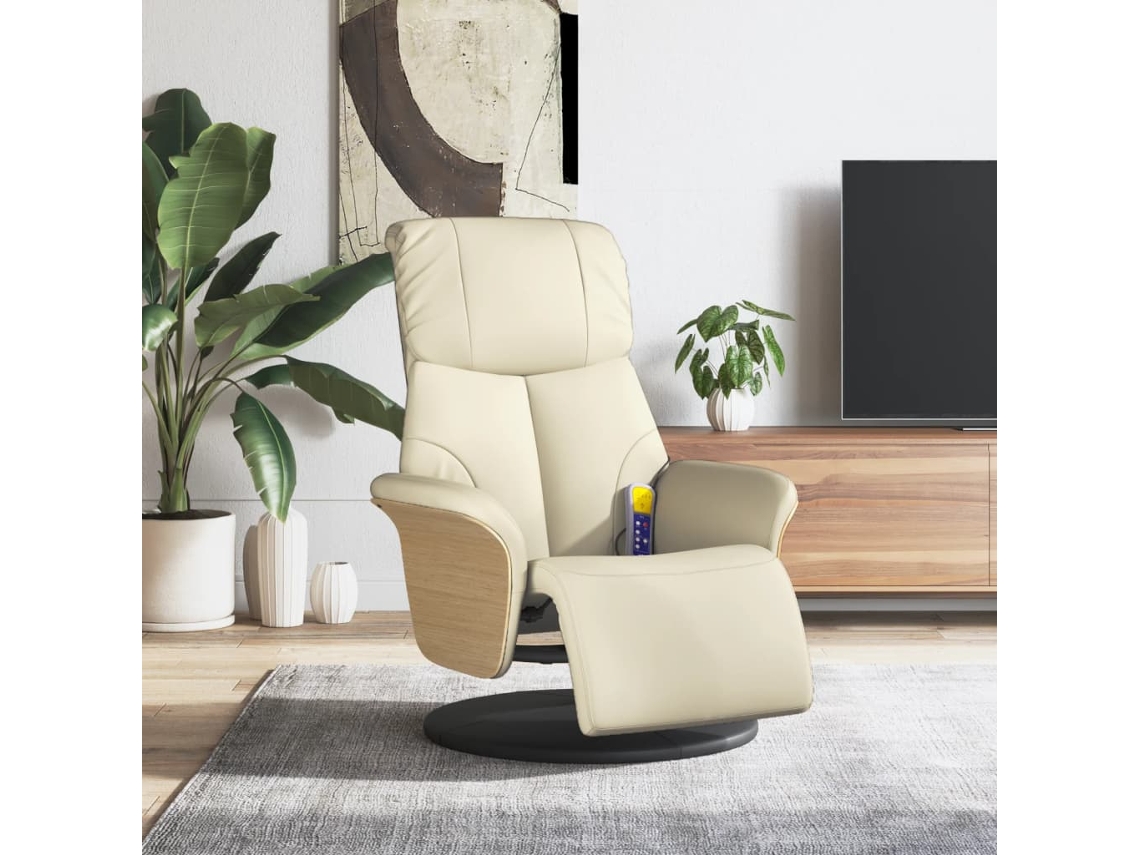 Vidaxl Cadeira Massagens Reclinável C/apoio Pés Couro Artificial Creme
