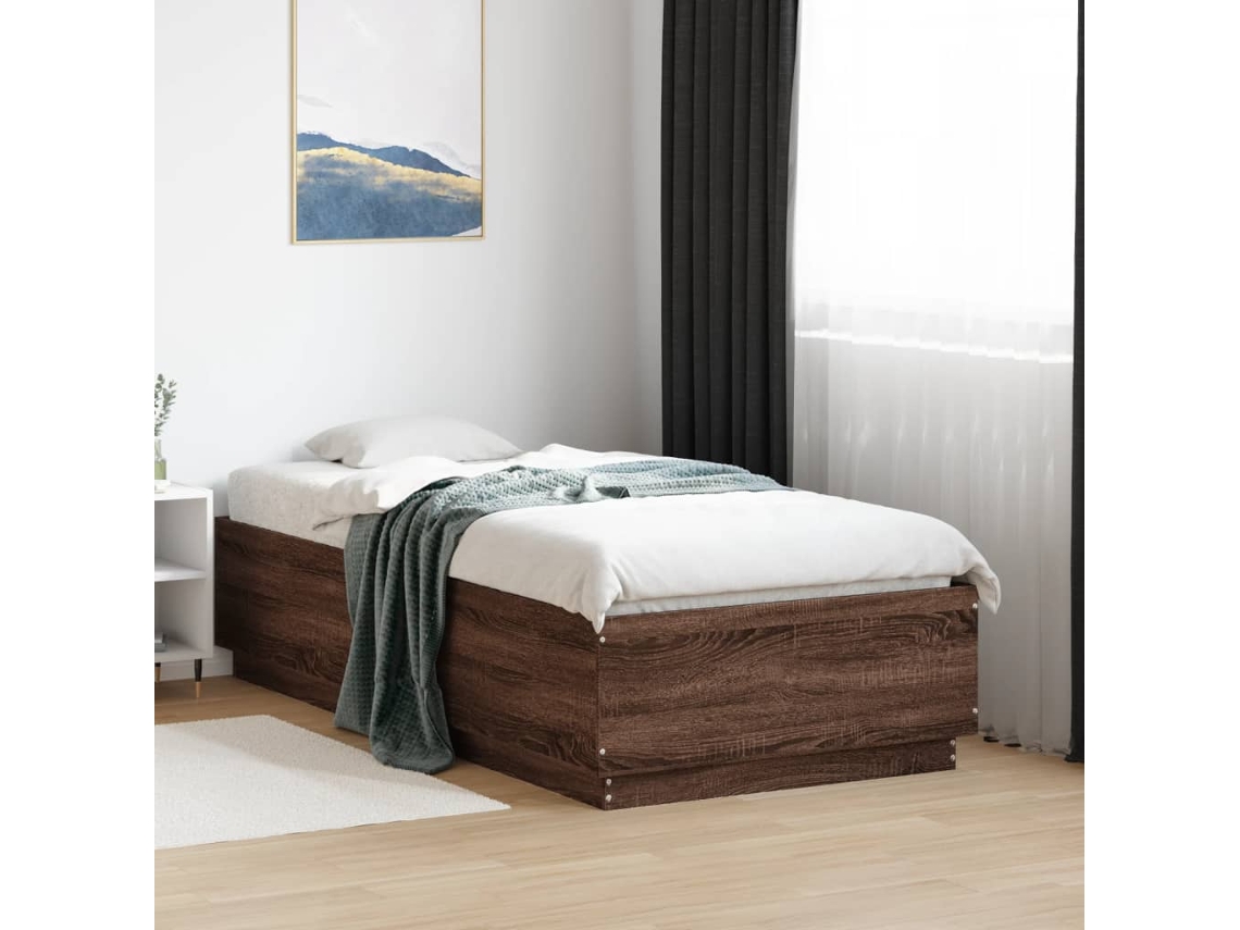 Vidaxl Estrutura Cama C/ Luzes Led Derivados Madeira Carvalho Castanho