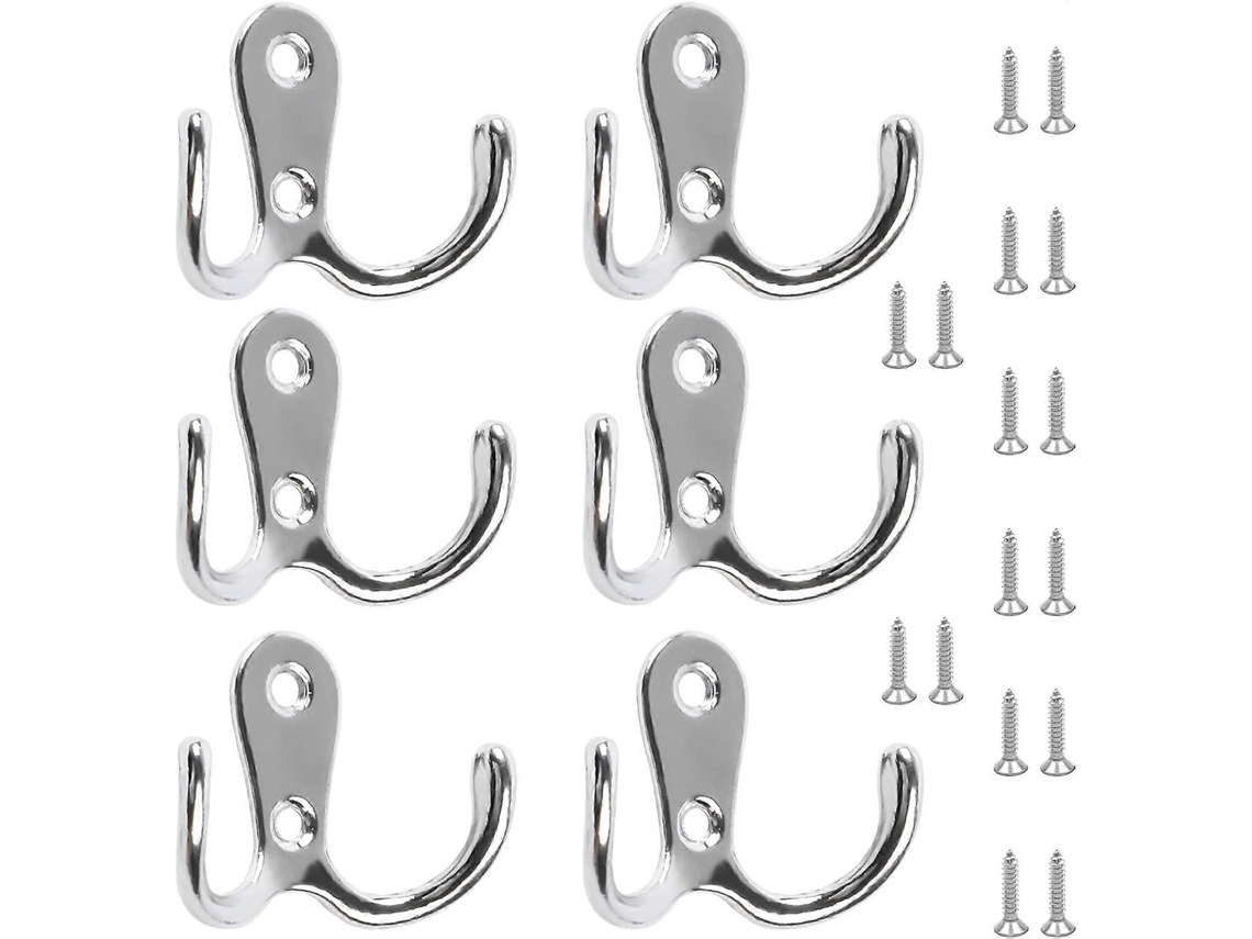 Conjunto De 6 Ganchos Duplos Para Casacos E Portas Com 16 Parafusos, Ganchos Cromados Para Parede, Para Pendurar Chapéus, Gravatas E Roupas