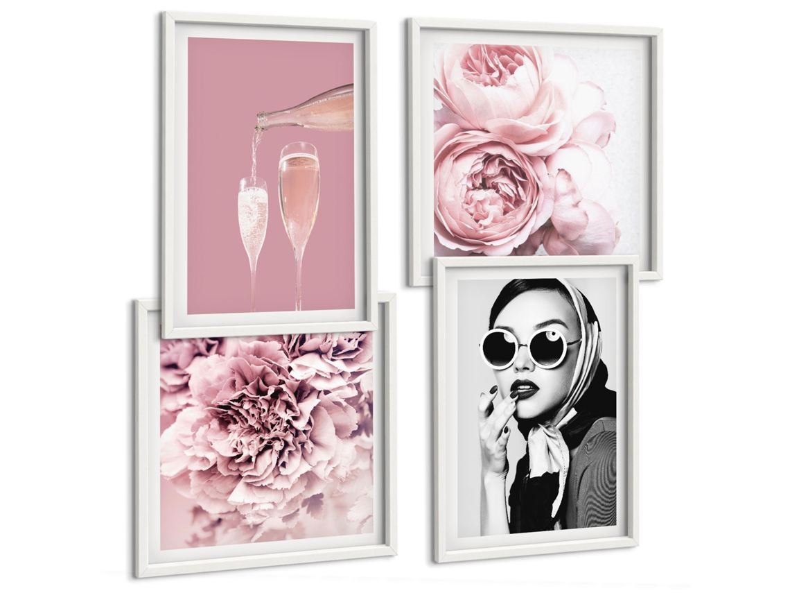 Galeria De Pinturas Murais Flores, Rosas E Uma Dama Elegante Moldura Branca Pinturas De Quarto Espelharte (conjunto De 4 Imagens)