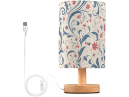 Abajur De Mesa Vintage Pequeno Com Estampa Folha Azul E Flor Vermelha, Perfeito Para O Pátio De Uma Menina