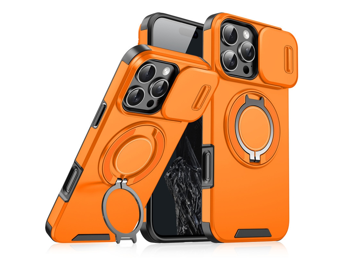 Adequado Para Iphone 15 Pro Max Capa De Telemóvel, Com Suporte Rotativo E Tampa Da Câmera Laranja