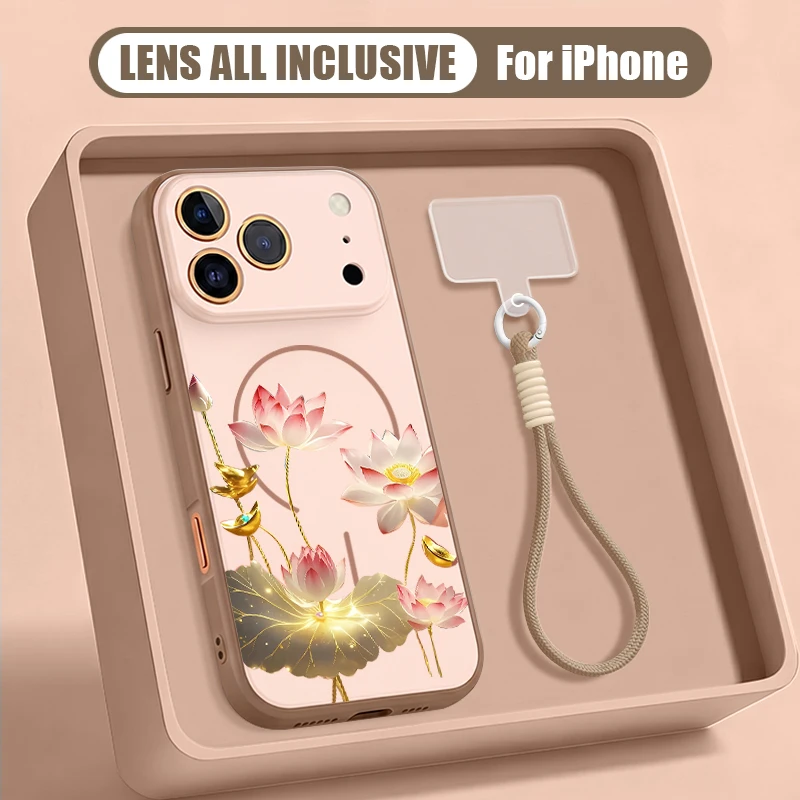 Capa Rígida Para Iphone 13 Com Cordão Magnético E Estampa De Flores De Desenho Animado (dourada).