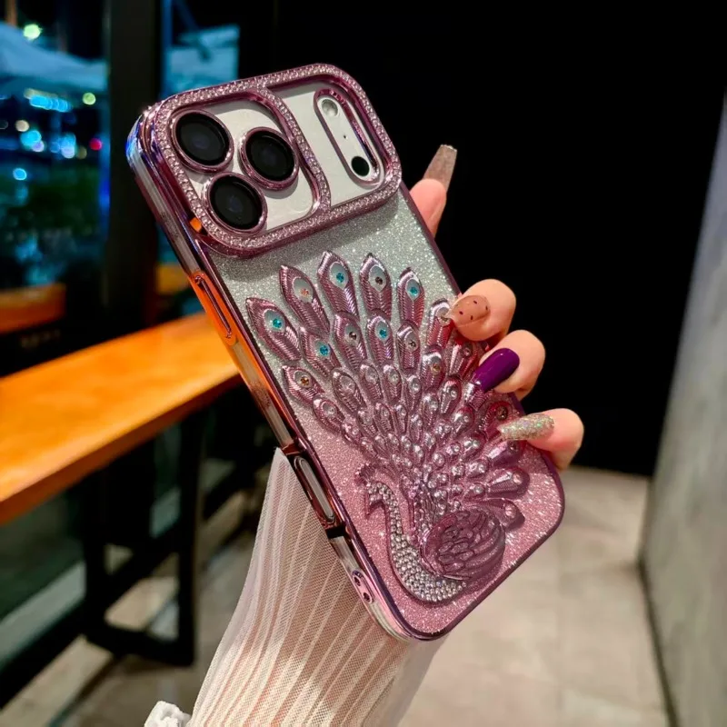 Capa Para Celular Com Anel, Armação Dourada Com Estampa De Pavão, Adesivo Com Glitter E Strass (iphone 16 Rosa).