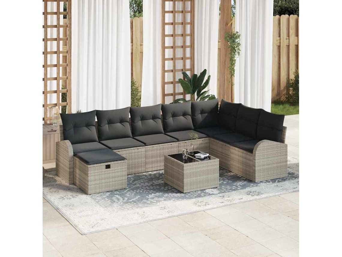 Vidaxl Conjunto De Sofá De Jardim 9 Unid. Cinzento-claro Vime Pe