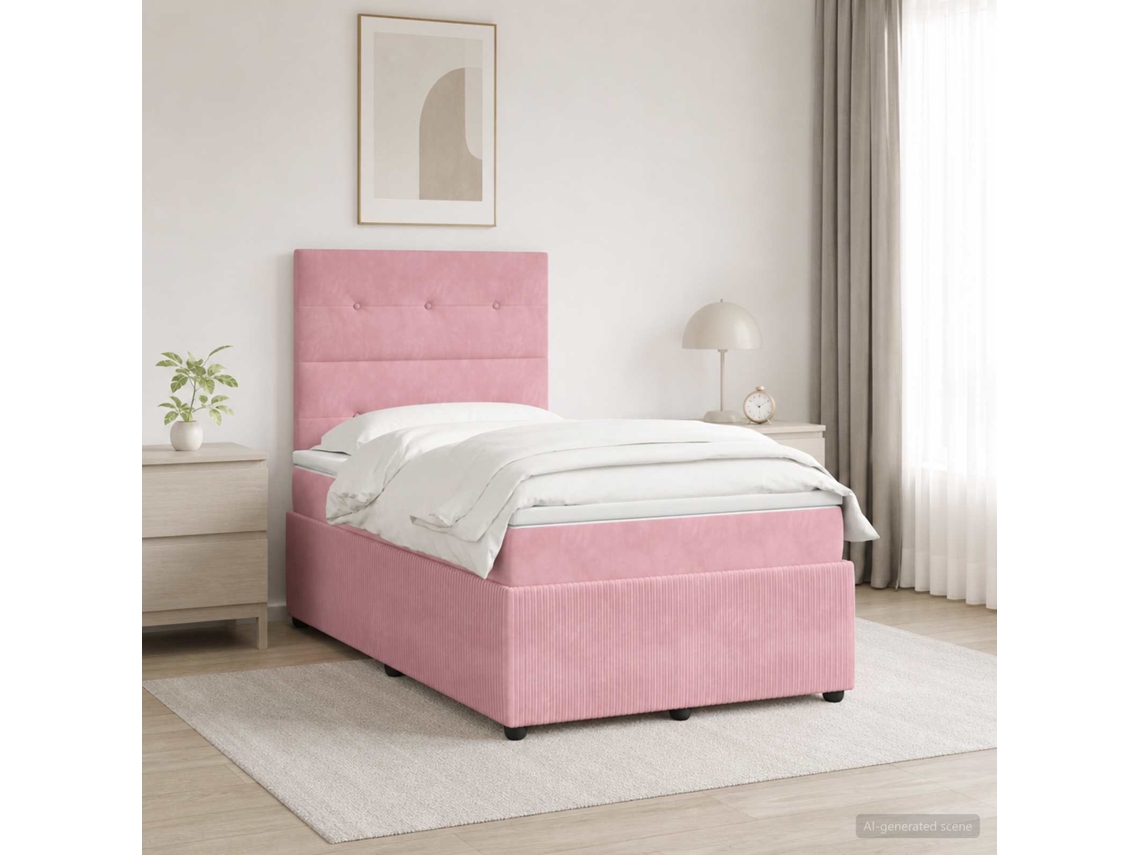 Vidaxl Cama Box Com Led E Colchão Rosa 120 X 190 Cm Veludo