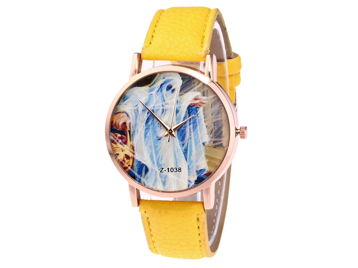 Reloj De Pulsera De Cuarzo Para Parejas Con Correa De Cuero Pu, Dial Redondo, Amarillo
