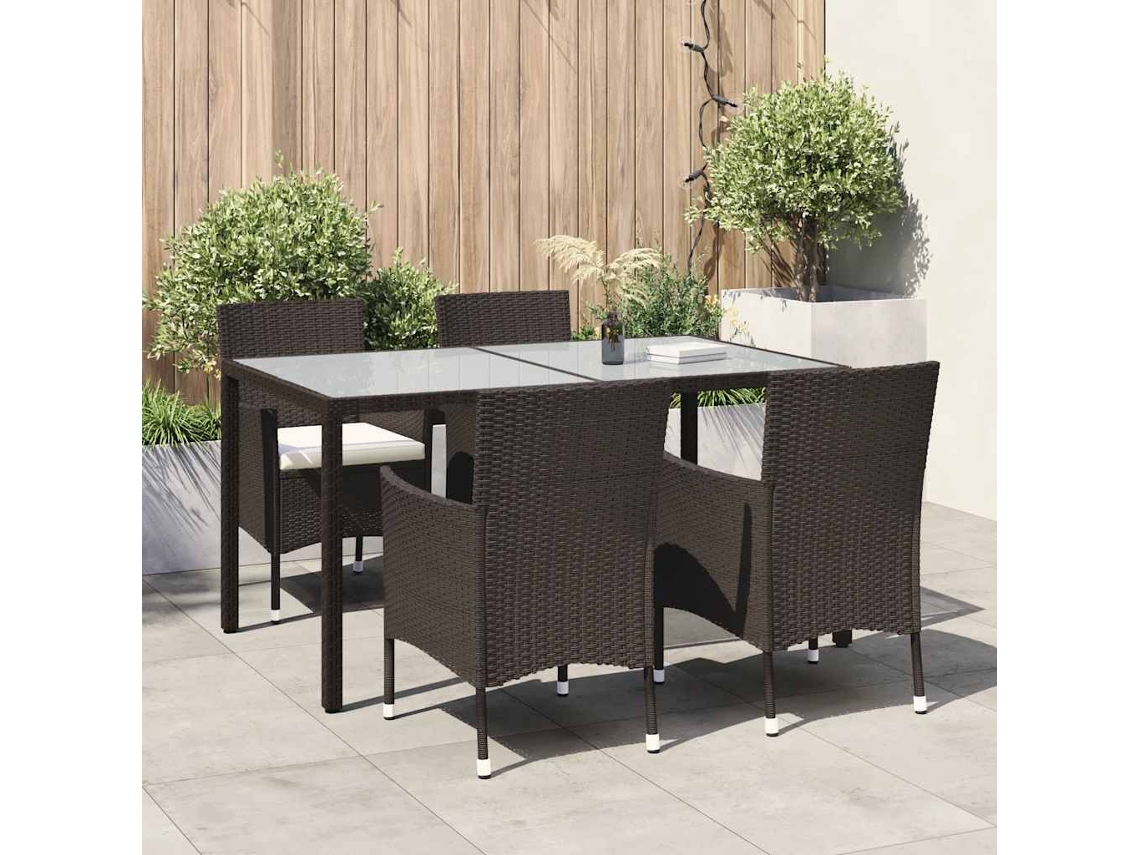 Vidaxl 5 Pcs Conjunto Jantar Exterior C/ Almofadões Vime Pe Castanho