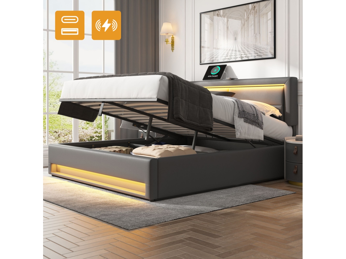Cama 140x190 Usb Wireless Led Pu Cinza
