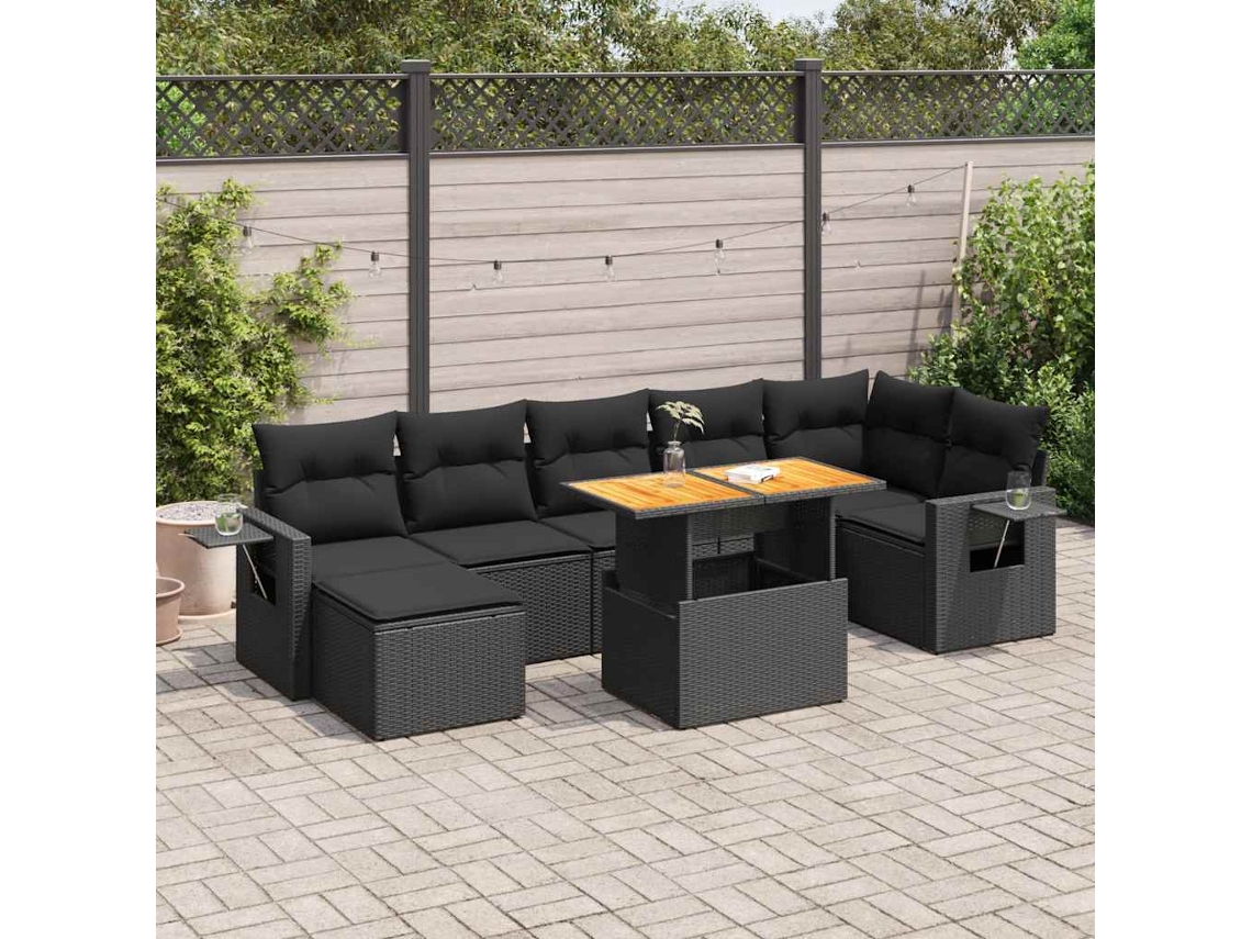 Vidaxl 8 Pcs Conjunto Sofás De Jardim Com Almofadões Vime Pe Preto
