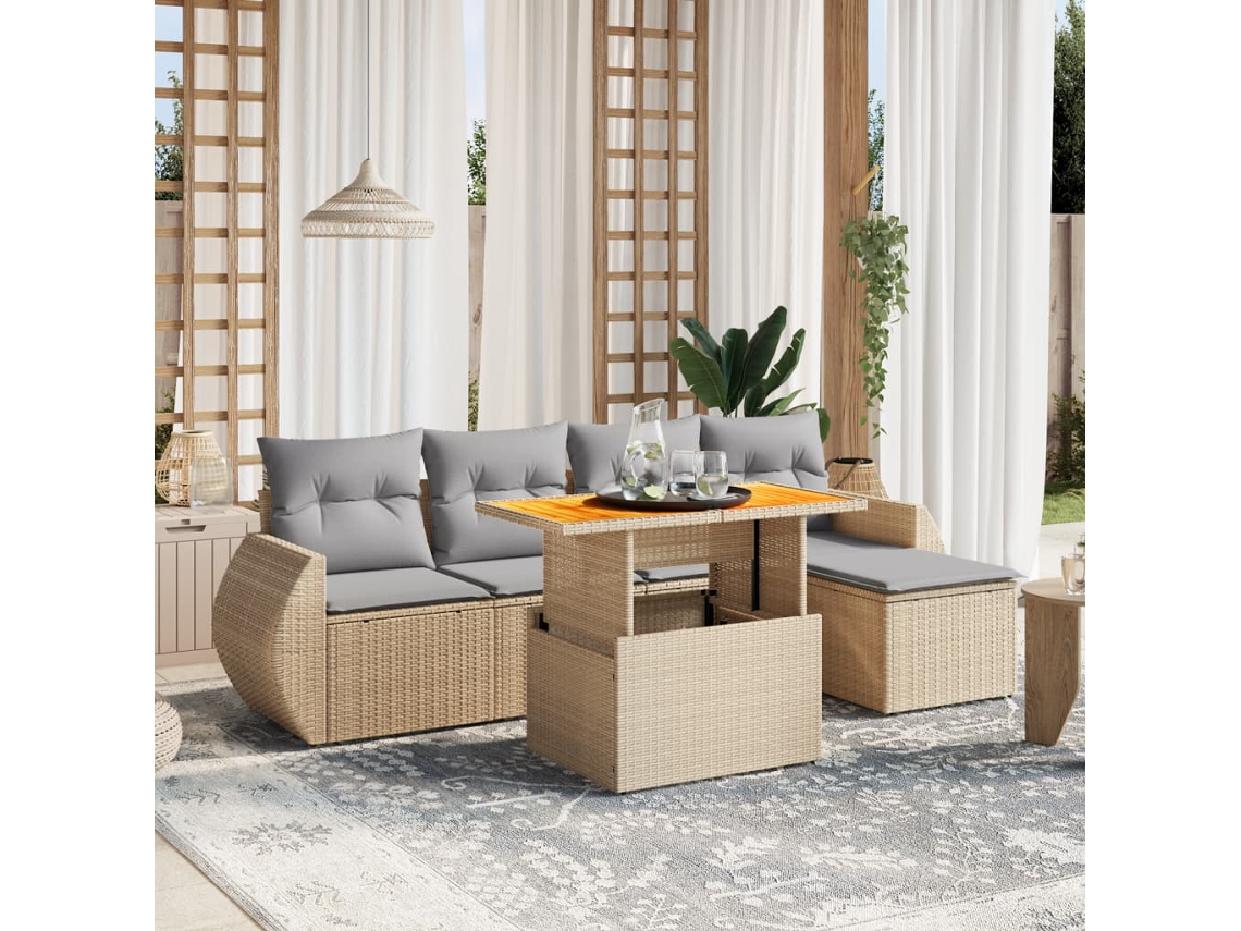 Vidaxl 6 Pcs Conjunto de Sofás P/ Jardim com Almofadões Vime Pe Bege