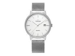 Relógio de pulso analógico de luxo Wwoor para homem, relógio de quartzo resistente à água com pulseira branca estampada.