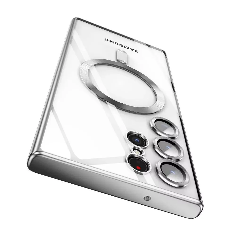 (samsung S24 Prateado) Capa Transparente Magnética Eletroplaqueada Para Celular Samsung, Compatível Com Carregamento Sem Fio Magsafe.