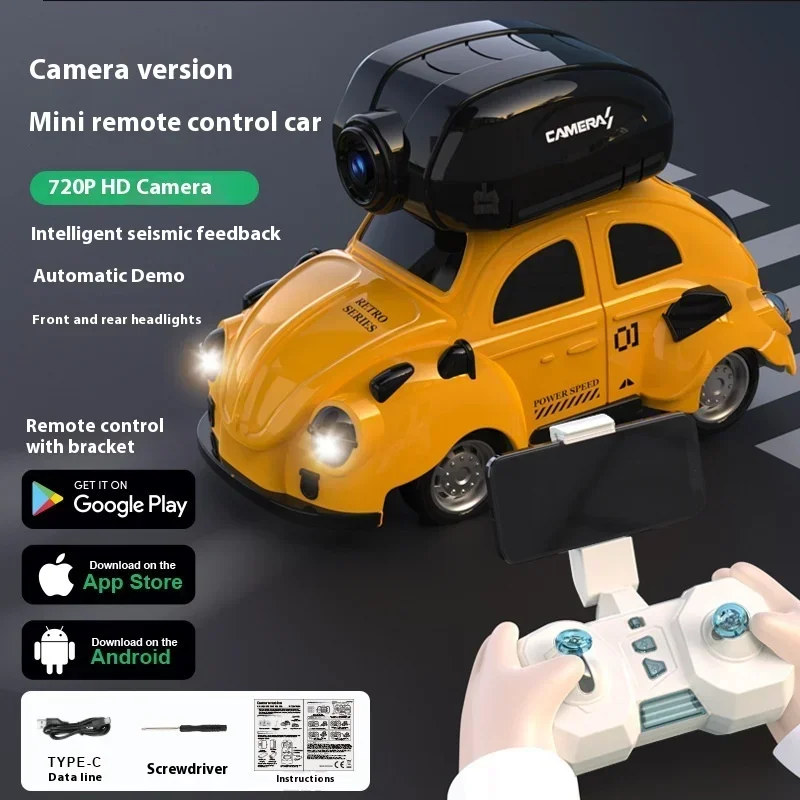 (Amarelo) Mini Carro de Drift com Controle Remoto e Transmissão de Câmera em Tempo Real 2.4g Sem Fio FPV