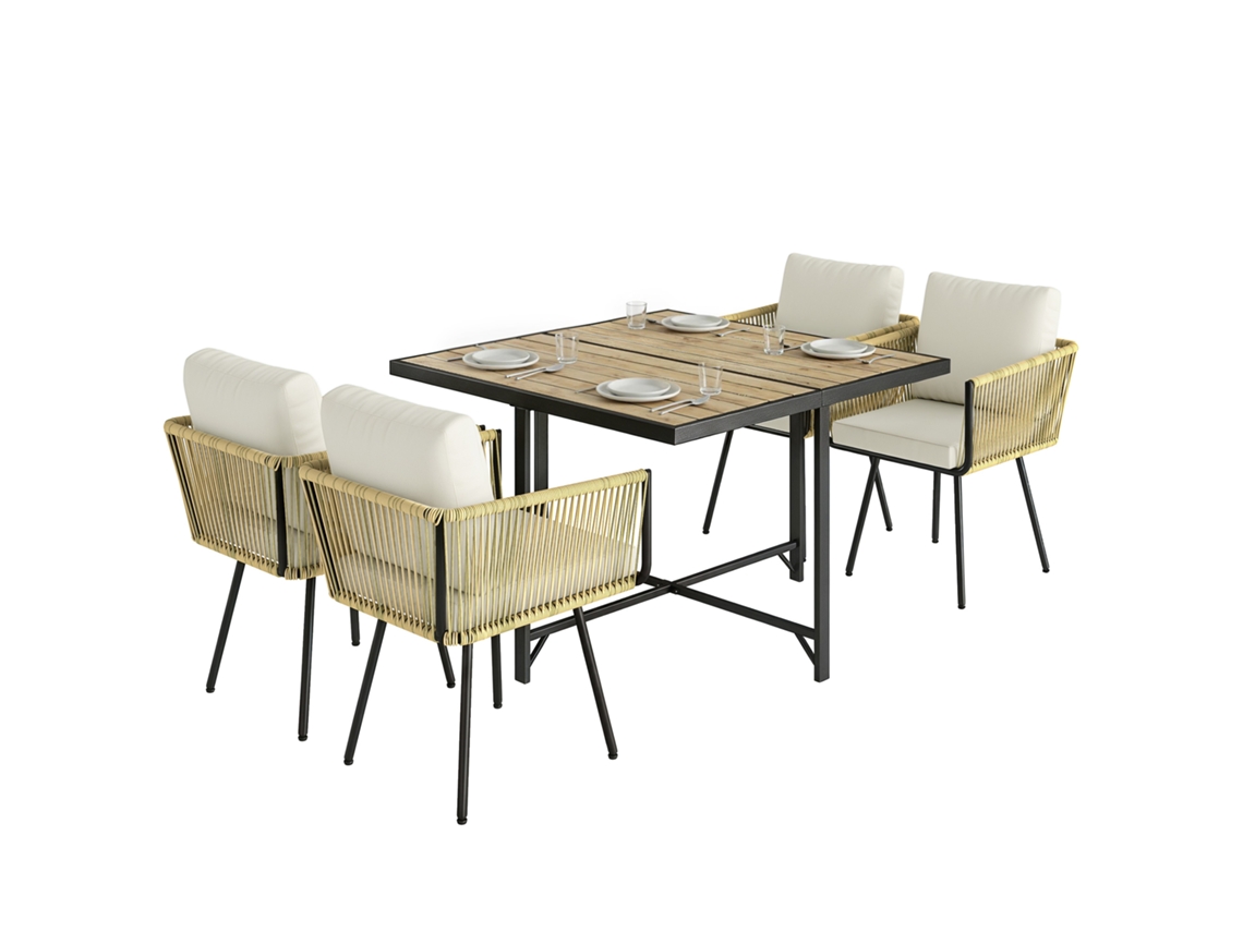 Conjunto De Mesa E Cadeiras De Jardim Em Rattan Com 5 Peças, Composto Por Mesa Em Madeira Sintética E 4 Cadeiras Com Almofadas Removíveis, Bege.