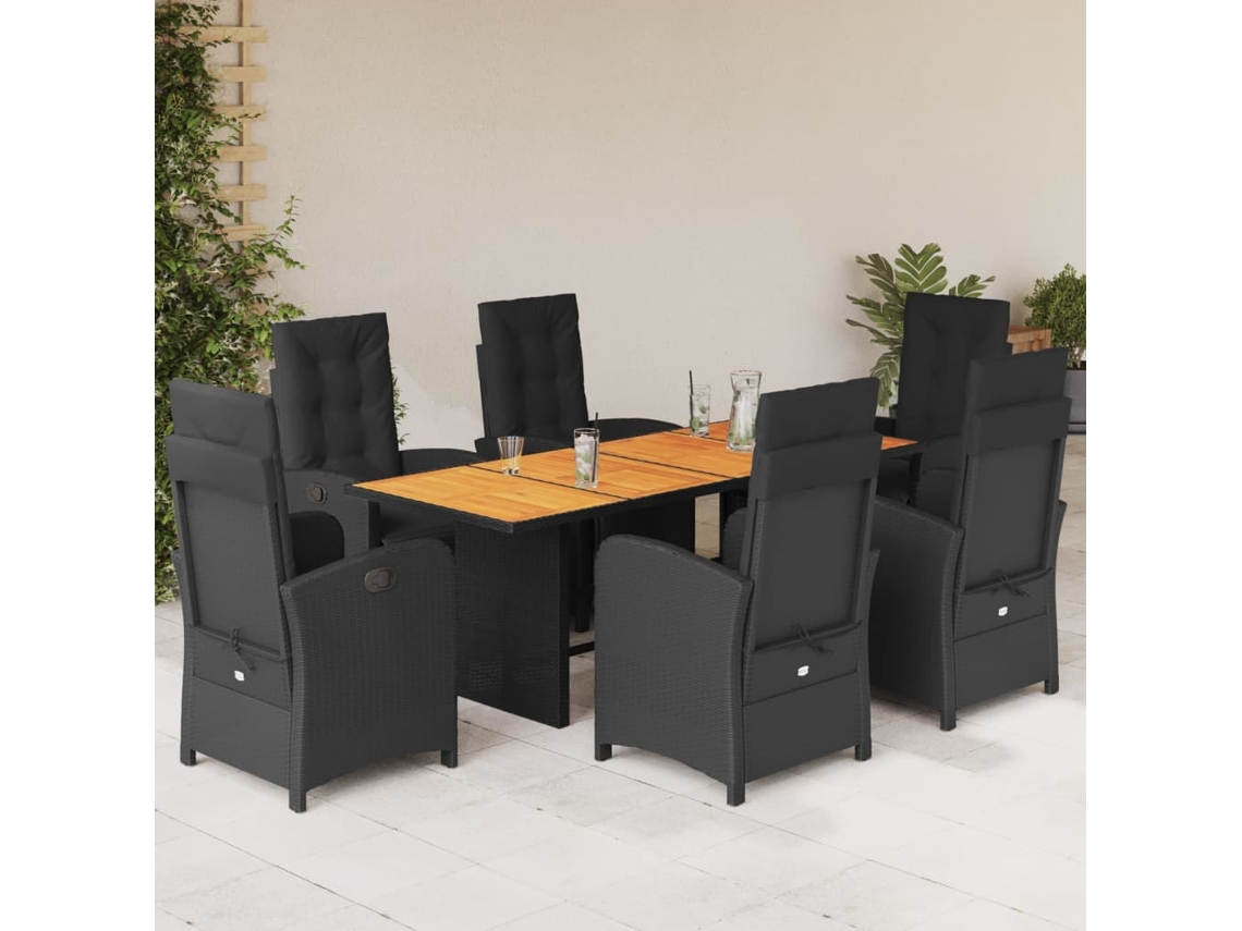 Conjunto 7 Peças Jantar P/ Jardim C/ Almofadões Vime Pe Preto Dkd Home Decor