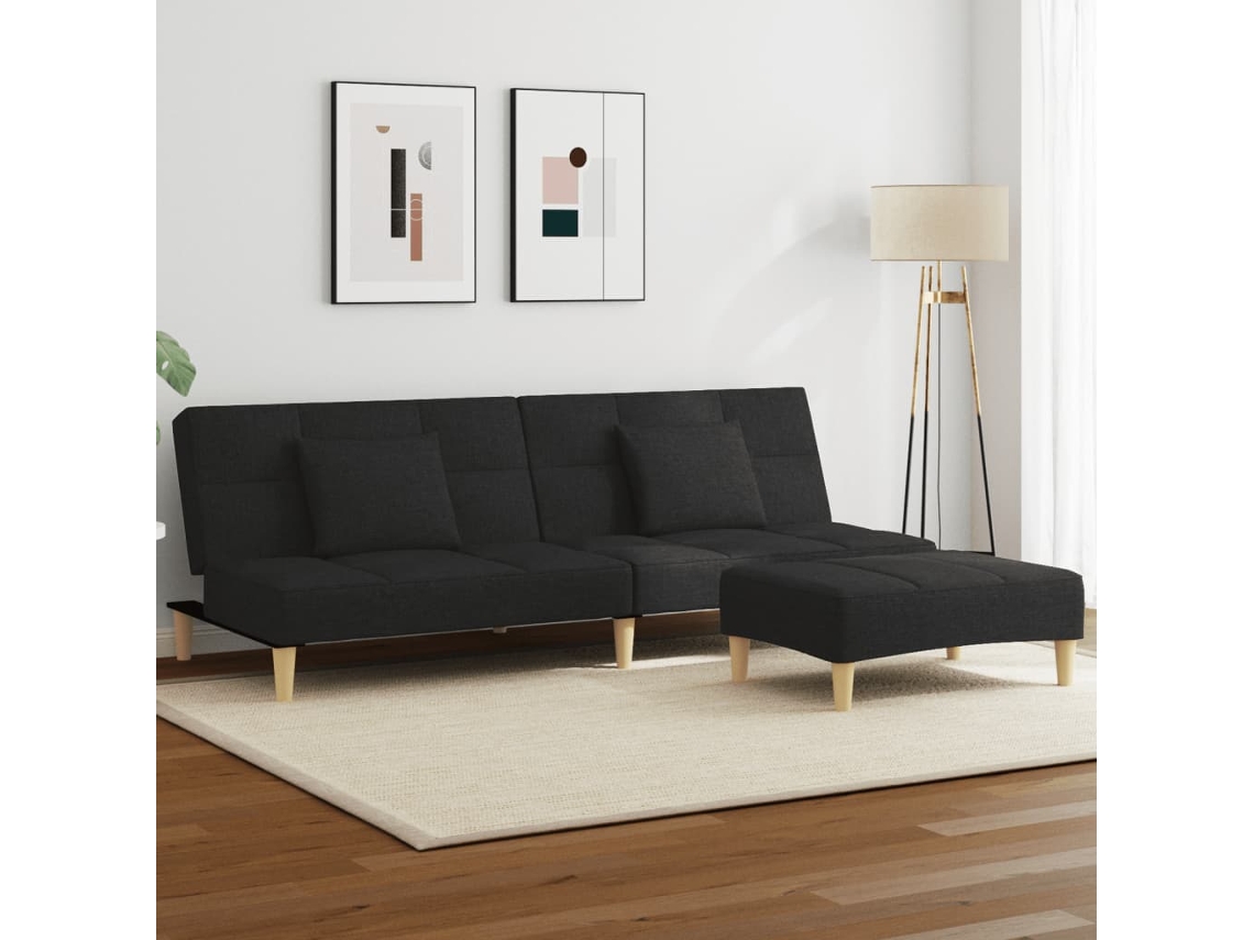 Sofá-cama de 2 lugares com banqueta, tecido preto WSD725358