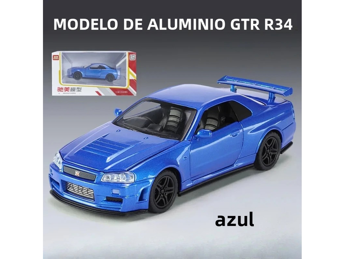 (azul) Miniatura Do Nissan Gtr34 Em Escala 1:32, Com Luzes E Efeitos Sonoros Realistas, Feita Em Metal Fundido.