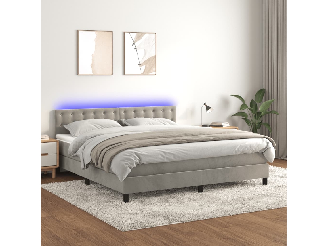 Cama Box Spring com Colchão LED Veludo Cinzento Claro MAISON EXCLUSIVE (160x200 cm)