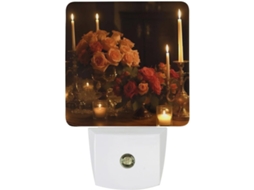 Luminária de parede com rosas sobre uma mesa, sensor crepuscular, luz LED branca quente, lâmpada de baixo consumo.