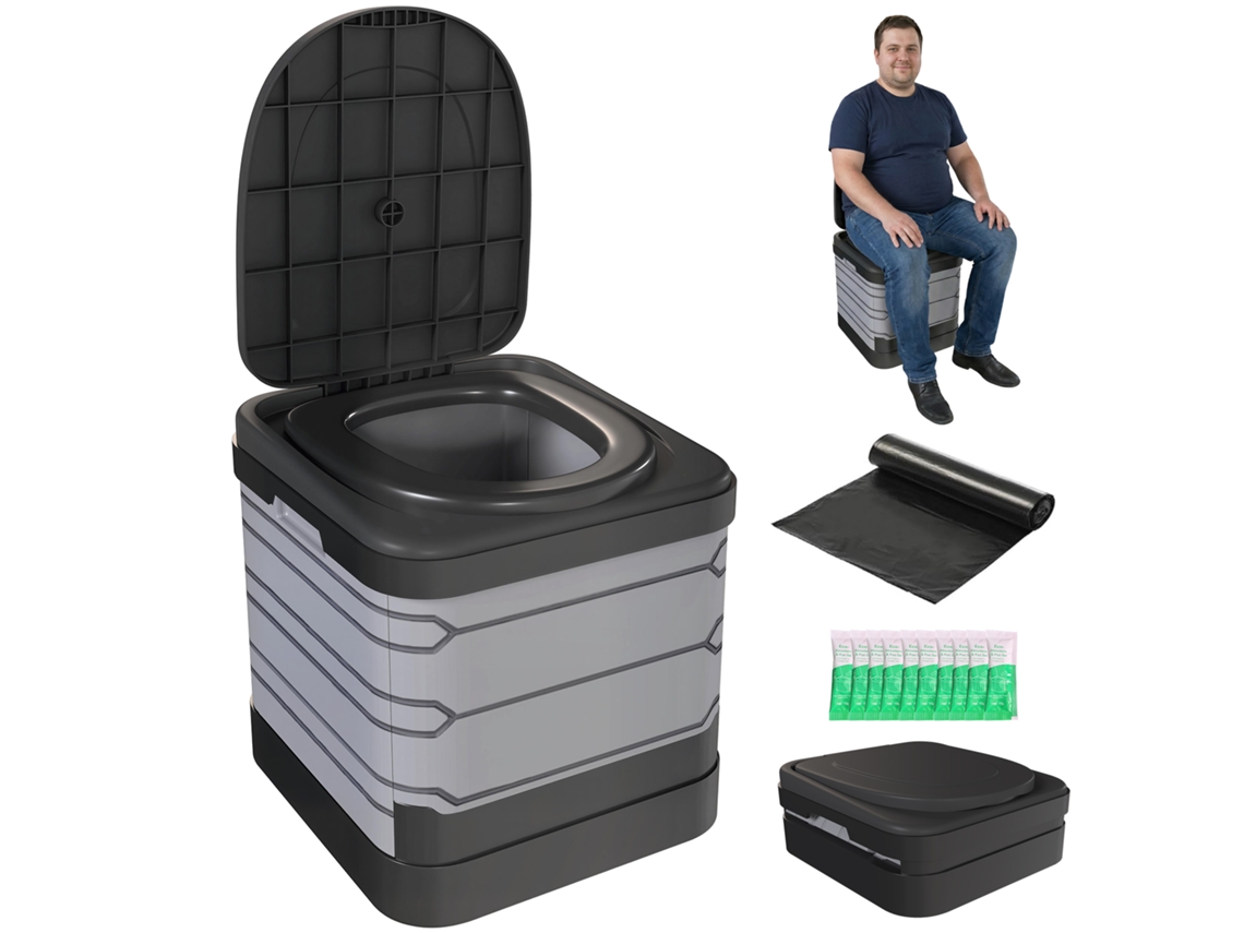 Banheiro Camping Dobrável, 150kg, 12 Pós Coagulação, 12 Sacos Lixo, 42x46x43,5cm, Cinza