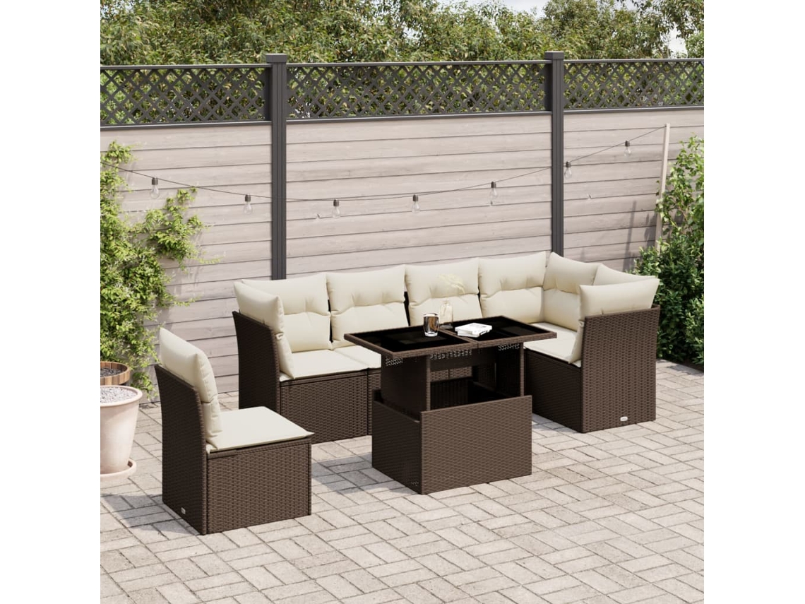 Vidaxl 7 Pcs Conjunto De Sofás Jardim C/ Almofadões Vime Pe Castanho
