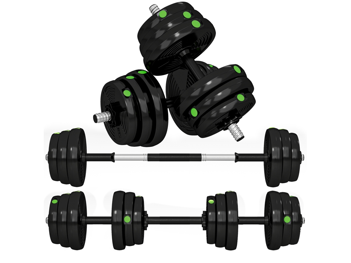 Conjunto de Halteres 2 em 1, barra e halteres, 25 Kg, antiderrapante, preto/verde