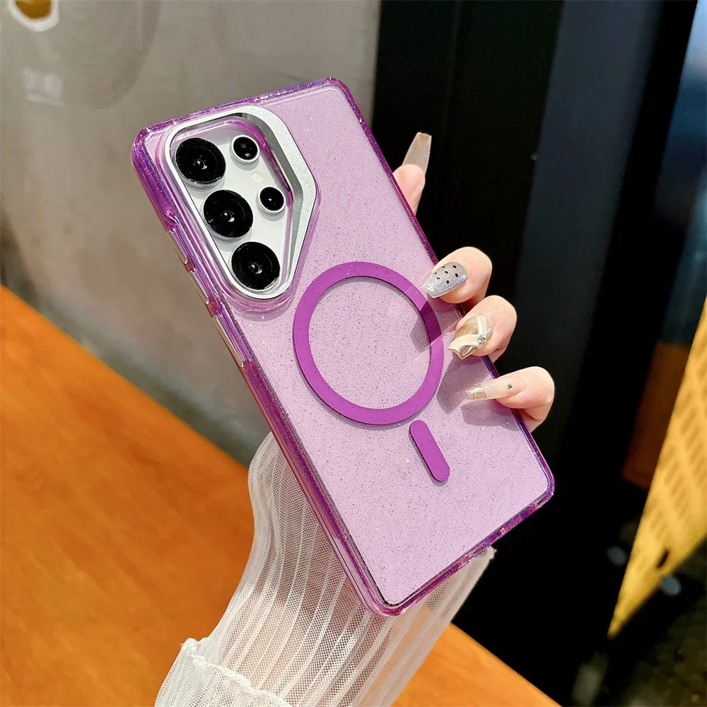 Capa Magnética Magsafe Para Celular (galaxy S25 Ultra Roxo) Com Suporte De Lente Em Metal E Lantejoulas Transparentes.