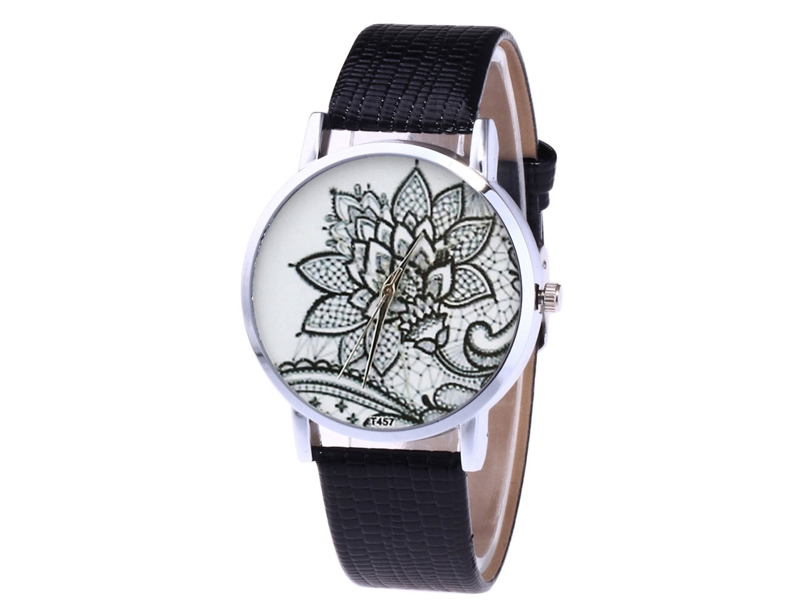 Reloj De Cuero Pu Unisex Con Patrón Floral Reloj De Cuarzo Negro Zhoulianfa