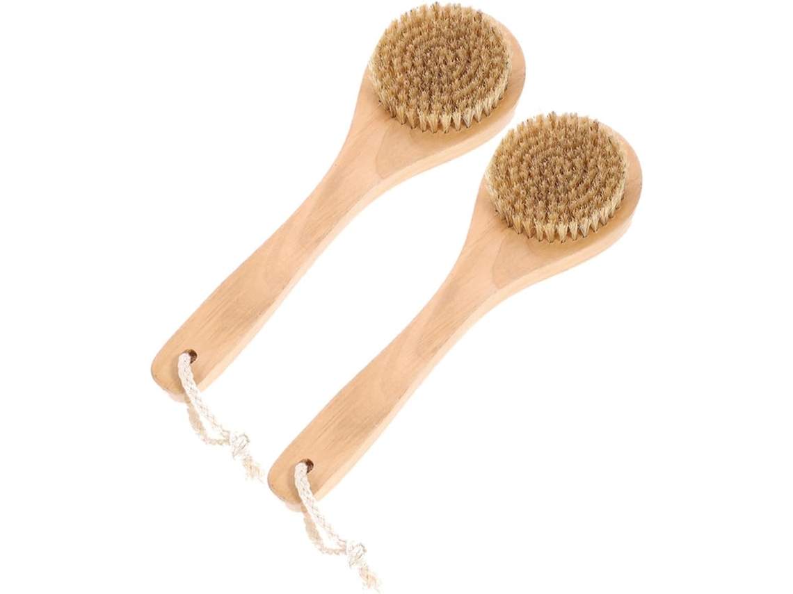 Escova Esfoliante Corporal De Duas Peças Com Cerdas Javali E Cabo Curto Para Massagem Esfoliação, Estimula A Circulação