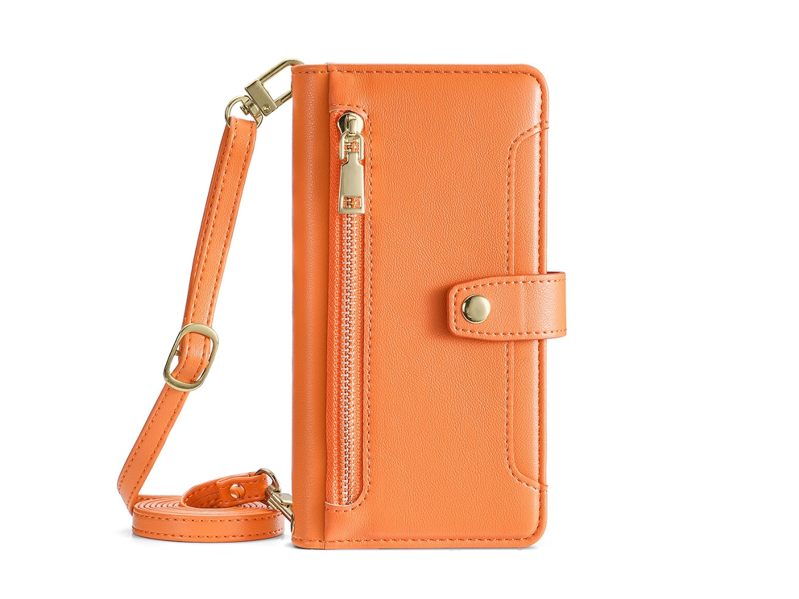 Capa De Celular Multifuncional Em Couro Laranja, Estilo Flip, Com Alça, Compatível Com Iphone 17.